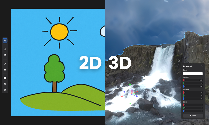 2D canvas and 3D scene side by side