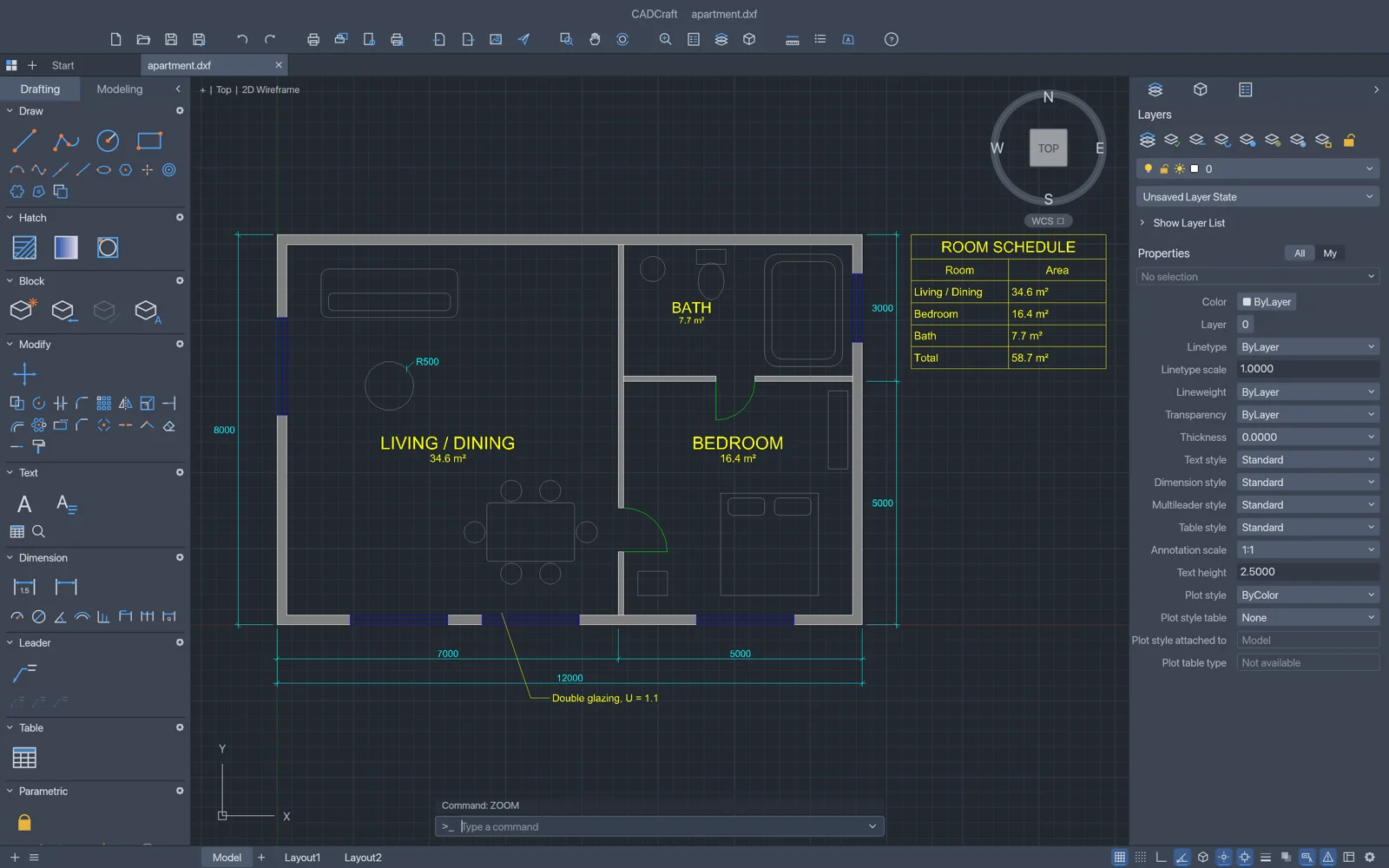 CADCraft displaying an architectural floor plan with pick-point wall hatching, room schedules, dimensions and the command line