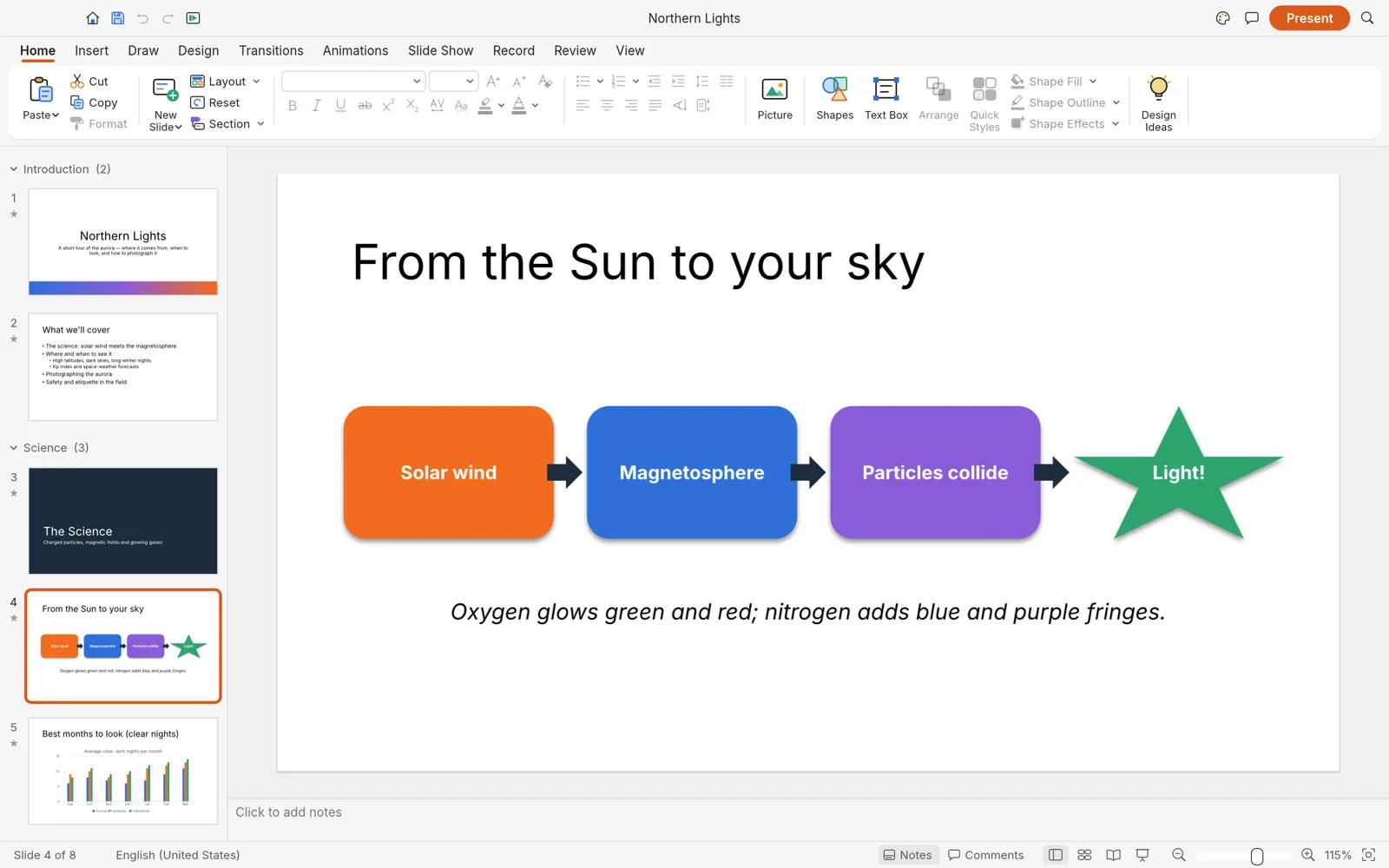 DeckCraft slide editor showing the ribbon, slide thumbnails, notes panel, and a vector process diagram on the canvas