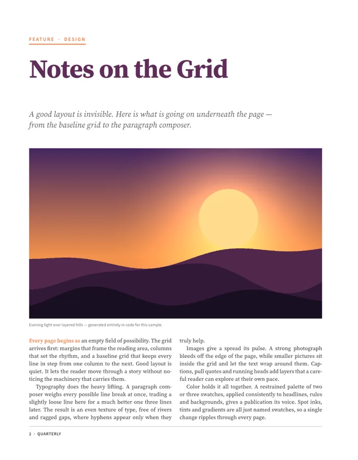 Feature opener titled Notes on the Grid with a kicker rule, italic deck, landscape picture, caption and two columns of justified body text