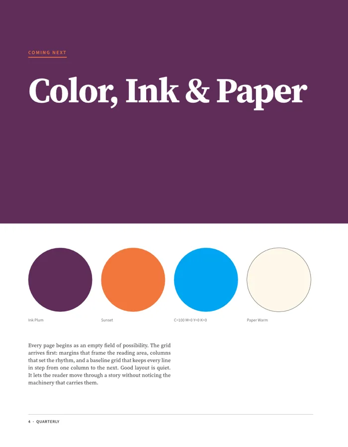 Coming Next page titled Color, Ink and Paper on a plum background with four labeled color swatches