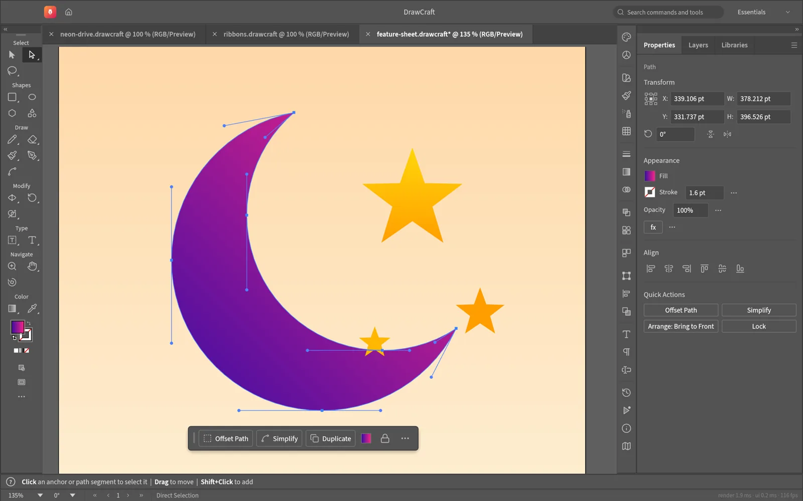 DrawCraft direct-selecting the anchors and handles of a crescent moon path