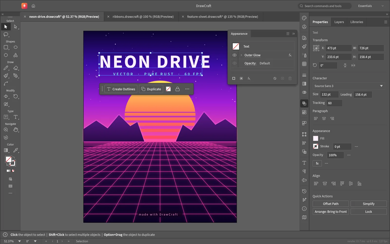 DrawCraft editing a synthwave poster titled Neon Drive with an outer glow in the Appearance panel