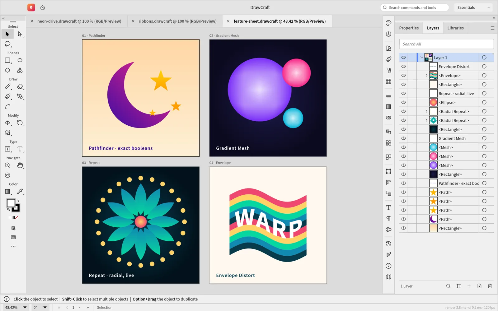 DrawCraft feature sheet with exact booleans, a gradient mesh, a live radial repeat and an envelope distort
