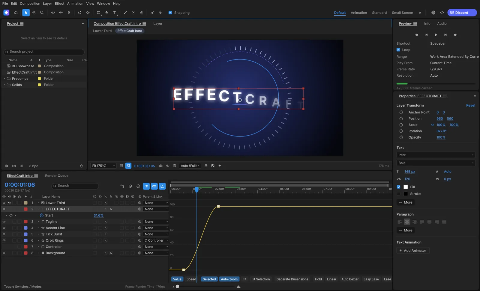 EffectCraft's graph editor showing an eased value curve for a text animator