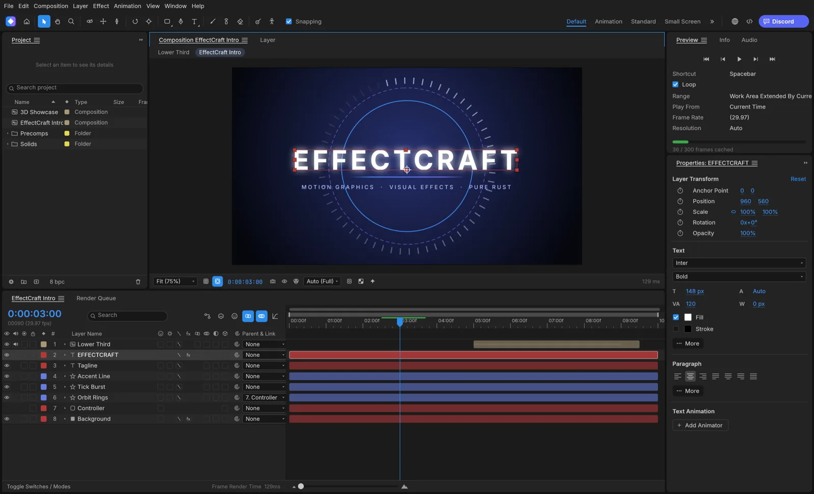 EffectCraft's composition panel showing an animated EFFECTCRAFT title, with the project panel, a timeline of text, shape and solid layers, and the properties panel