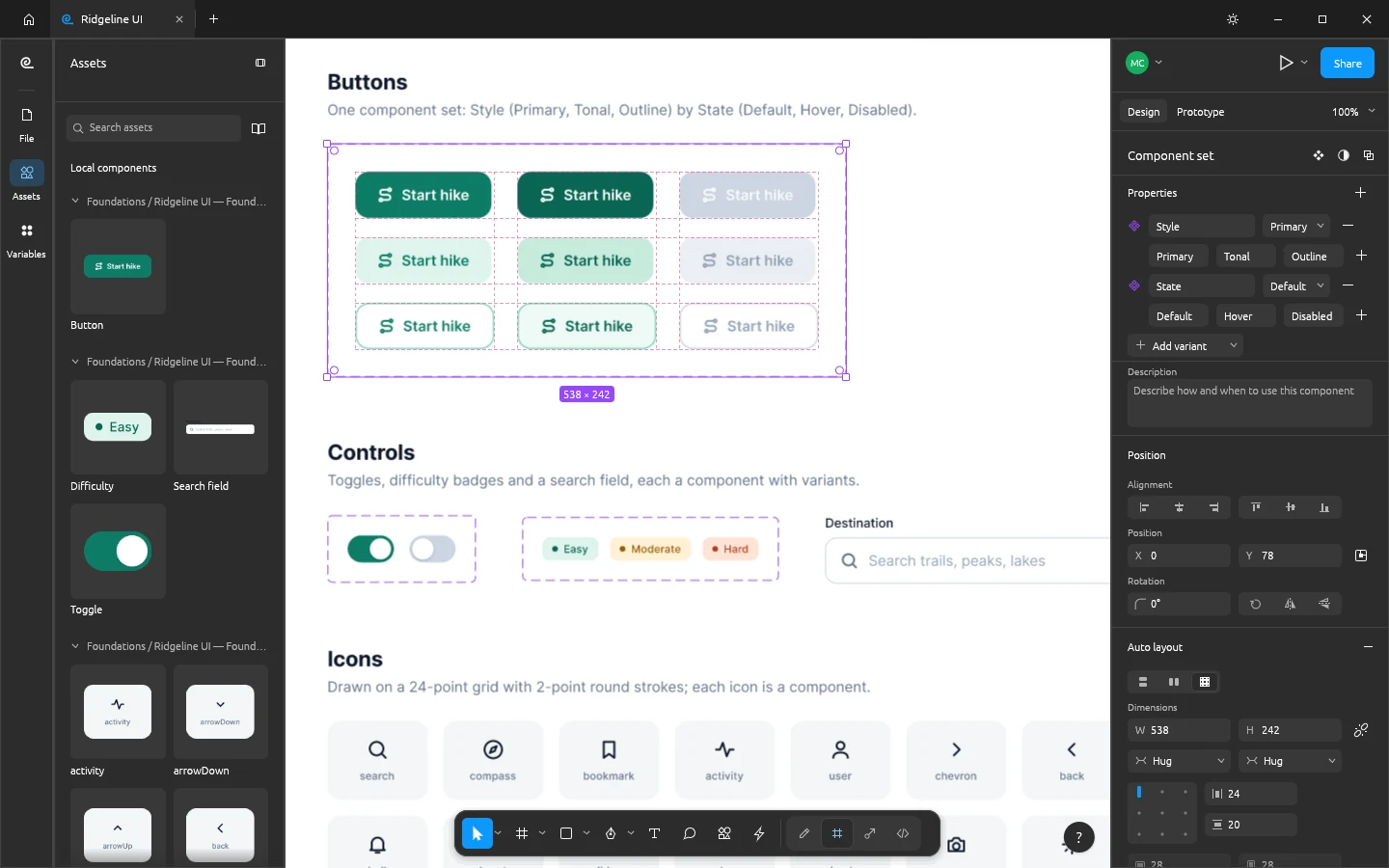 FigCraft's Assets panel with live component thumbnails beside a Button component set of nine variants, and the Design panel listing its Style and State variant properties