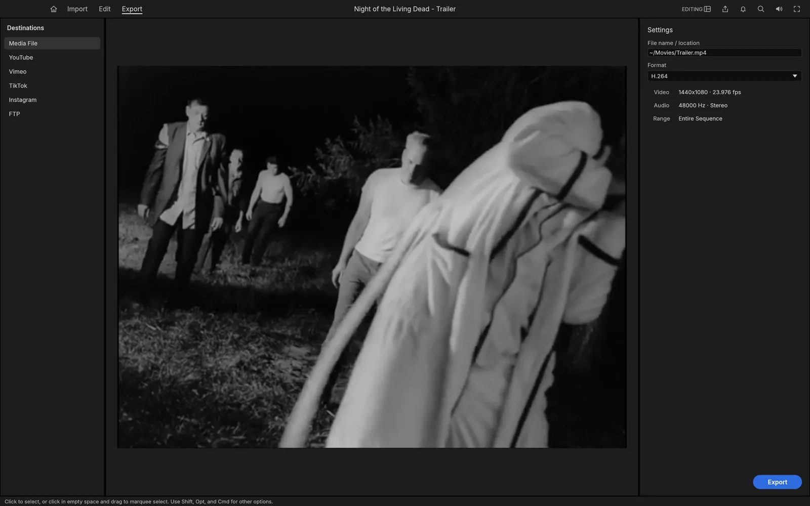 FilmCraft export screen with H.264 settings and destination presets