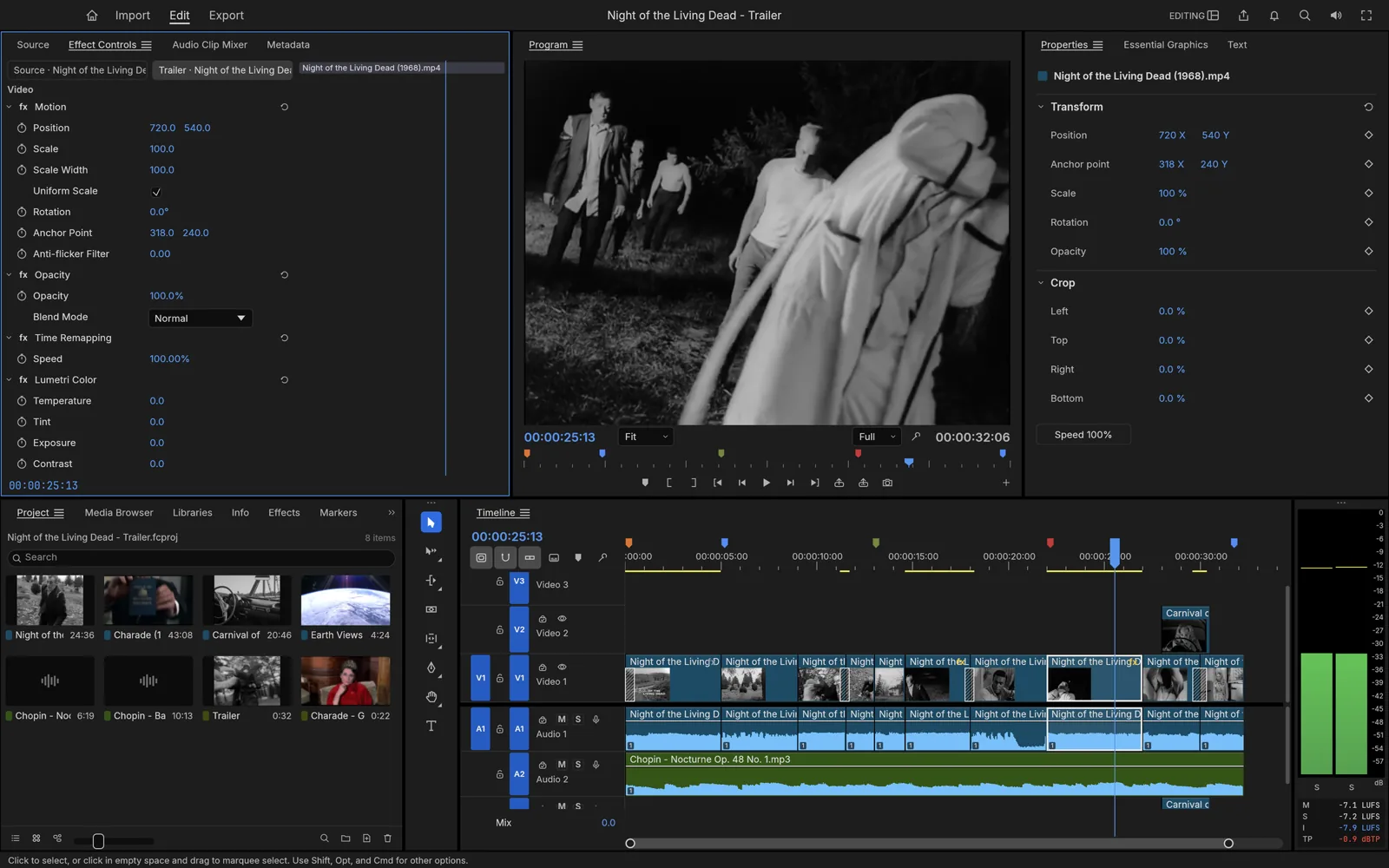 FilmCraft's effect controls and timeline editing Night of the Living Dead (1968)