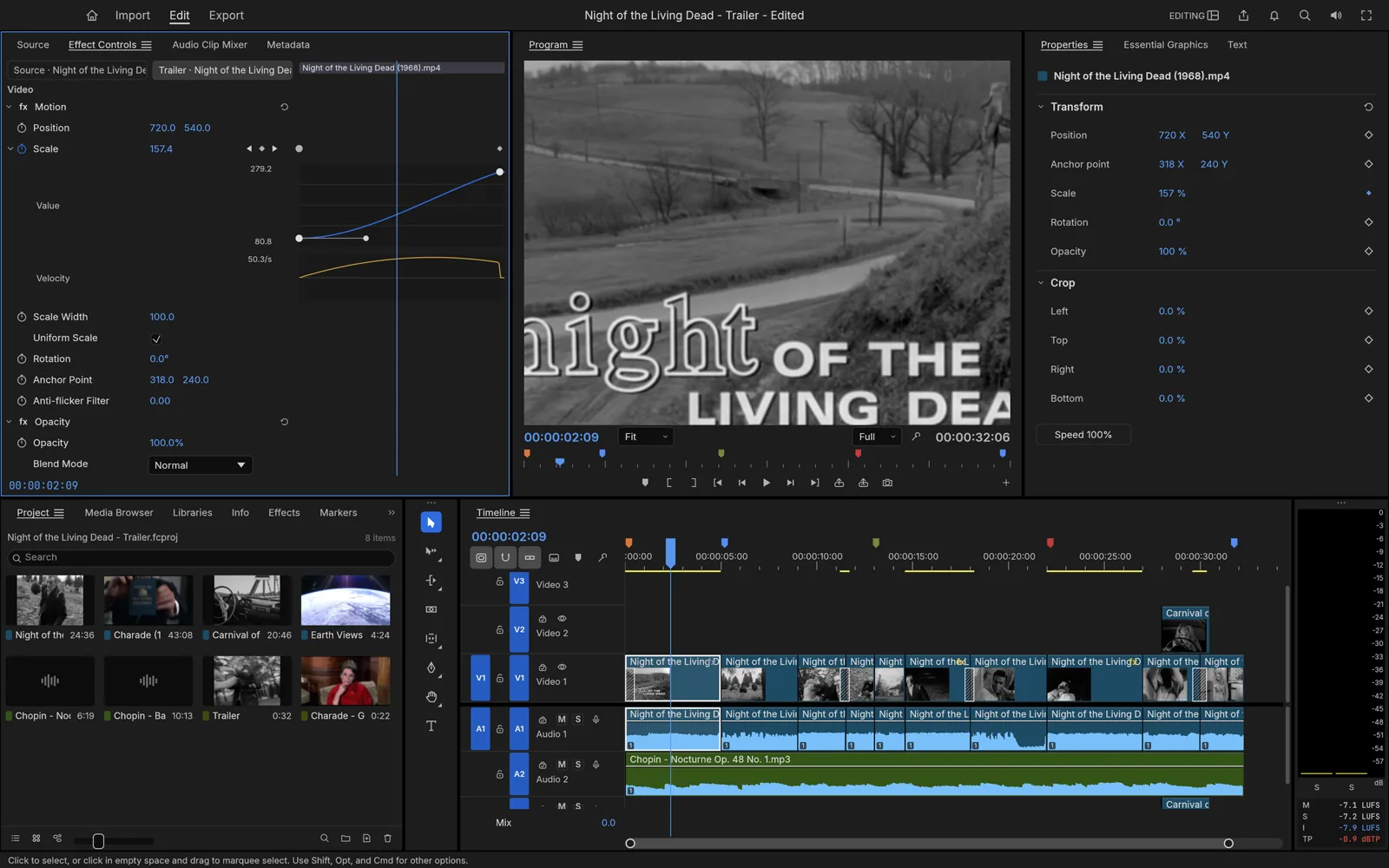 FilmCraft keyframing scale with value and velocity graphs on a title shot