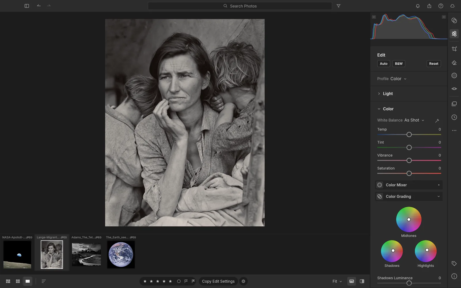 LightCraft color grading wheels applied to Dorothea Lange's Migrant Mother
