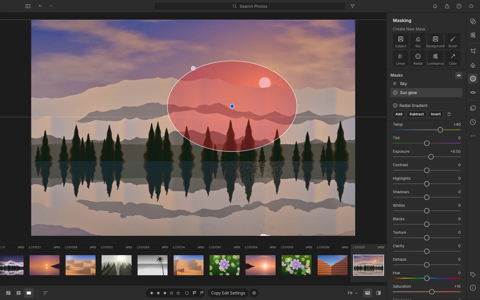 LightCraft masking panel with a radial gradient mask warming a sunset sky