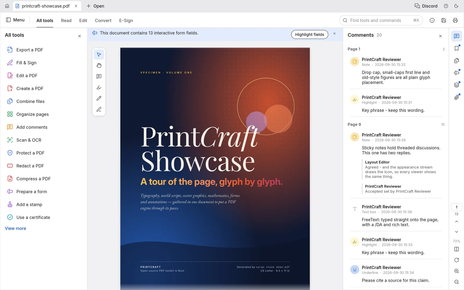 PdfCraft showing a showcase PDF cover with the All tools panel and threaded comments