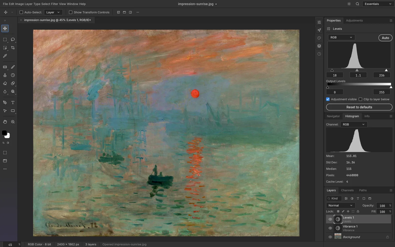 PhotoCraft applying a Levels adjustment layer to Impression, Sunrise with the histogram panel open