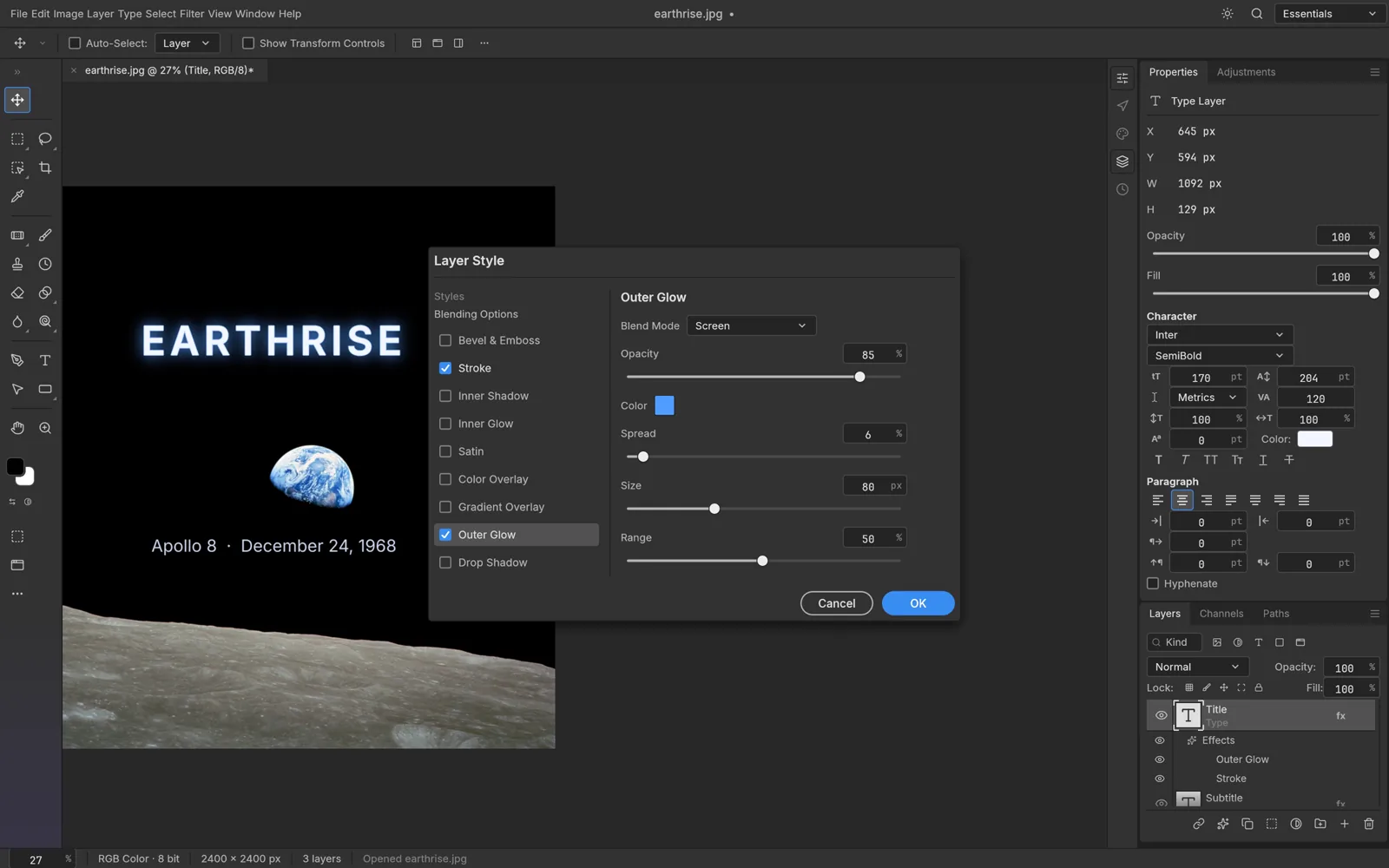 PhotoCraft's Layer Style dialog adding an outer glow and stroke to the word Earthrise