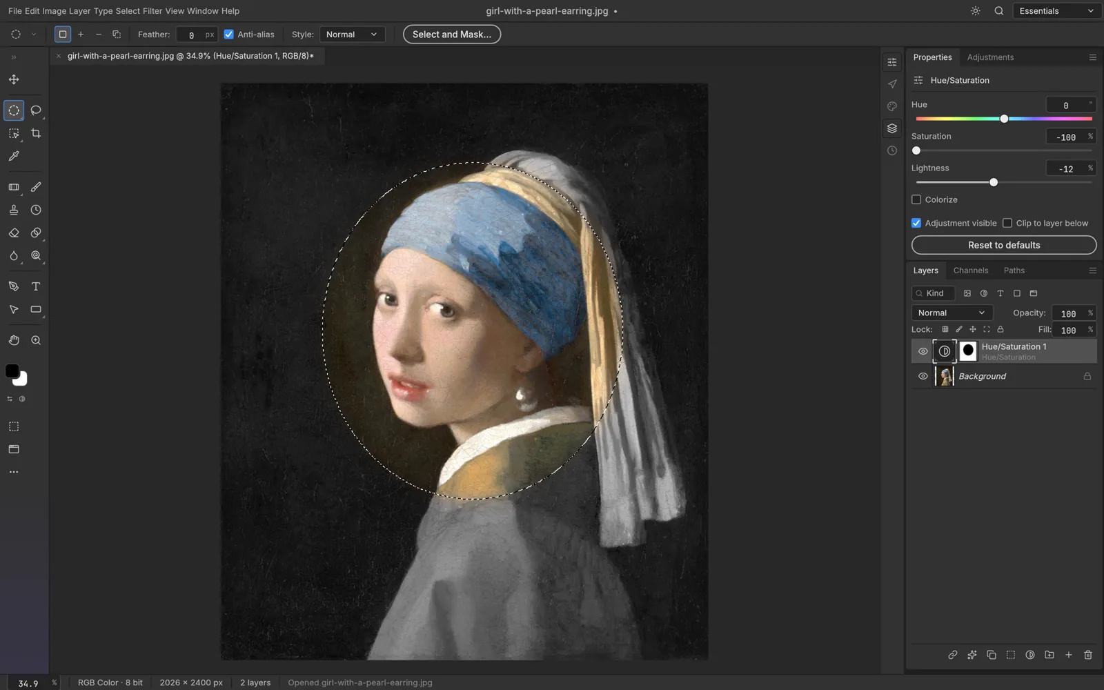 PhotoCraft with an elliptical selection and a Hue/Saturation adjustment on Girl with a Pearl Earring