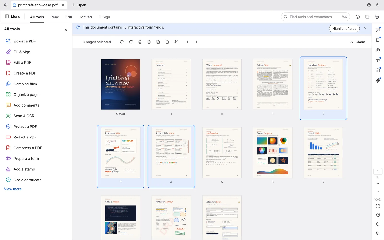 PrintCraft page organizer with three pages selected for rotate, delete and extract