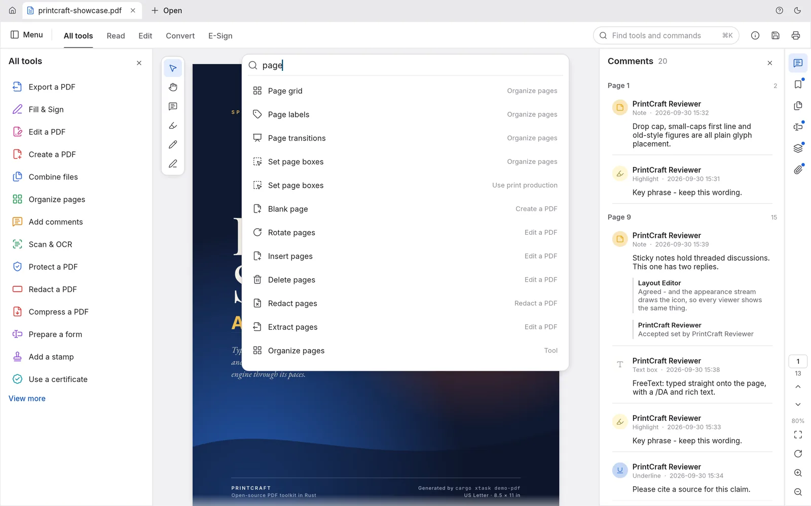 PrintCraft command palette filtering page tools by the word page