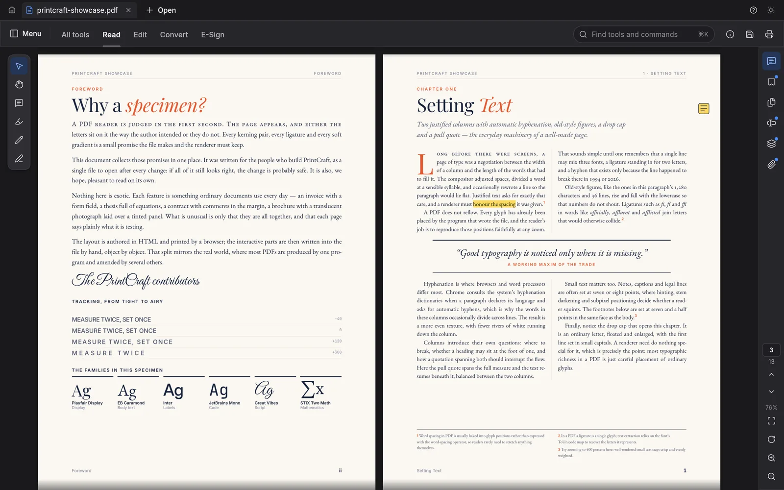 PrintCraft two-up Read mode in the dark theme showing typeset specimen pages