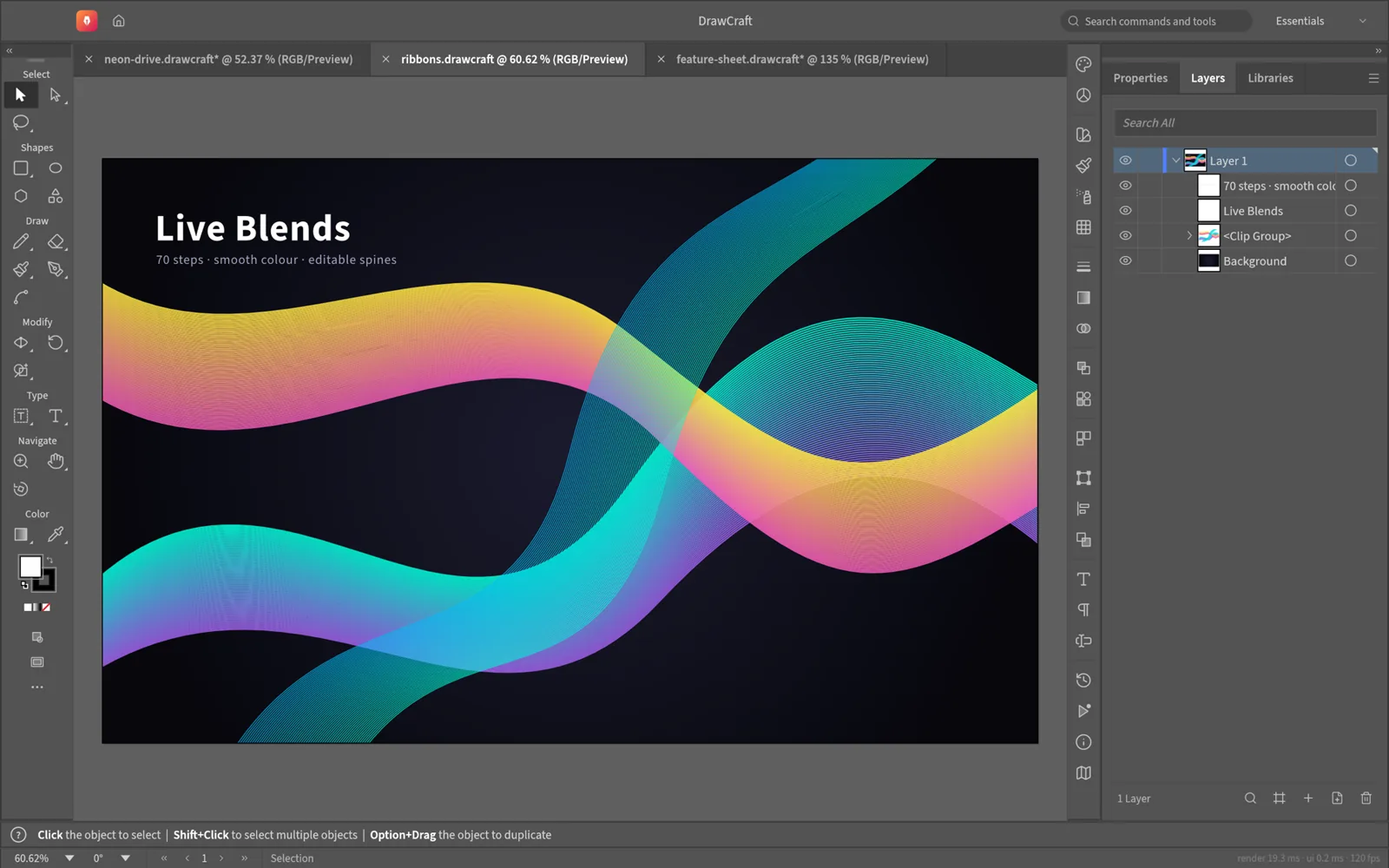 VectorCraft showing live blends: 70 smooth-color steps between two ribbon paths