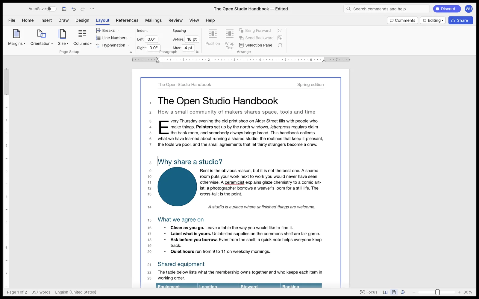 WordCraft layout tab showing a three-line drop cap, text wrapping around an object, and margin line numbers