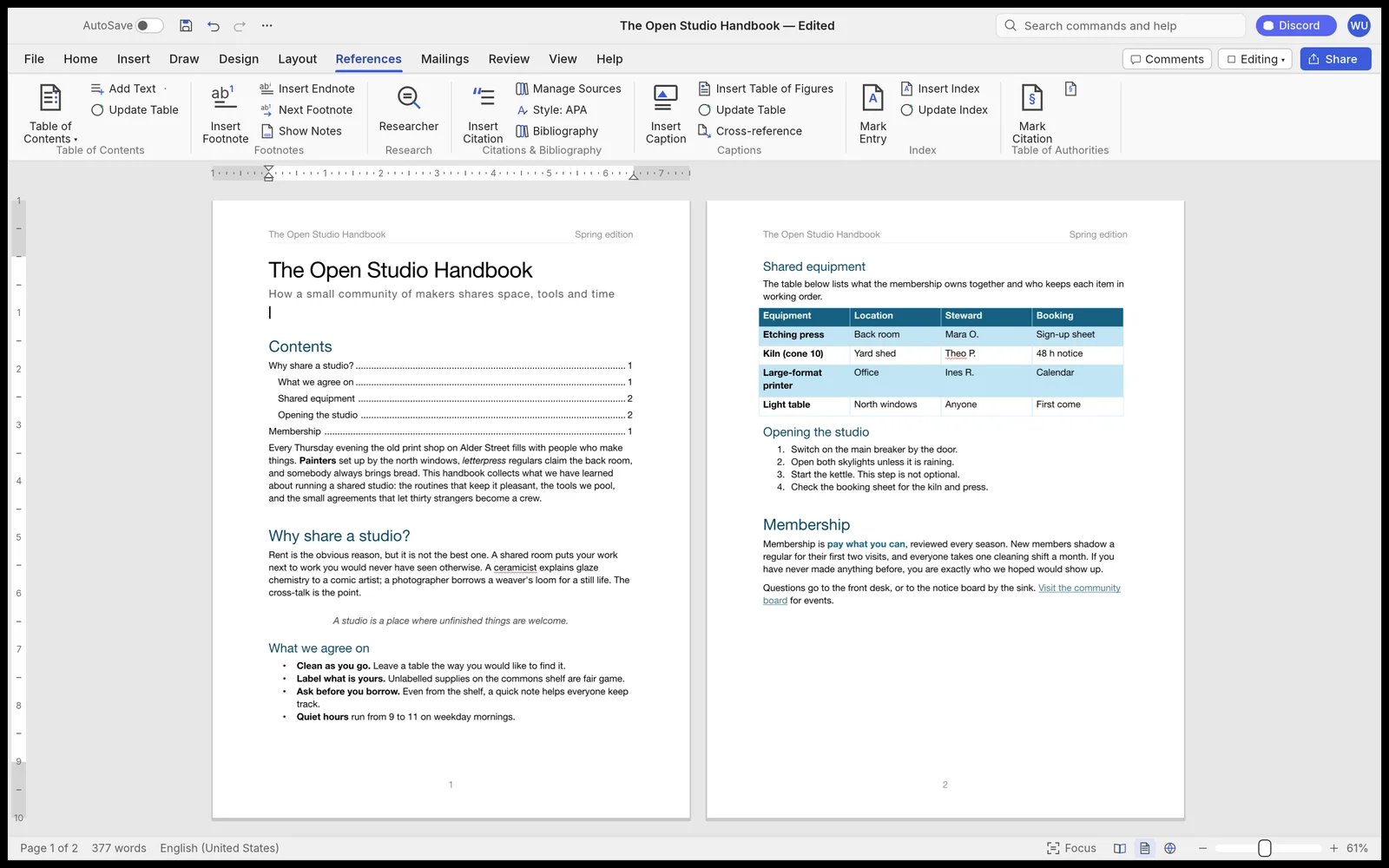 WordCraft's References tab showing a table of contents with dot leaders on page one and citations on page two