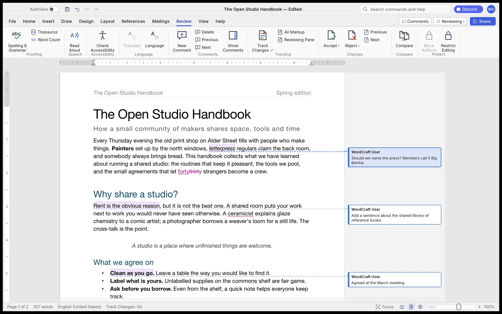 WordCraft's Review tab with Track Changes on, inline insertions and deletions, and margin comment balloons